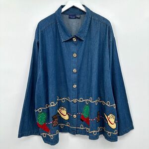Vintage Y2K Denim Jacket Western Size 4X 5X Cowboy Boots Hat Embroidered Cowgirl